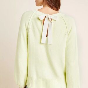 Anthropologie Emily Puff Sleeve Light Green Sweater with Bow Back Detail